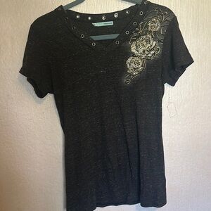 Black Sparle & Foil Embellished Angel Wing Top w Roses Y2K Style